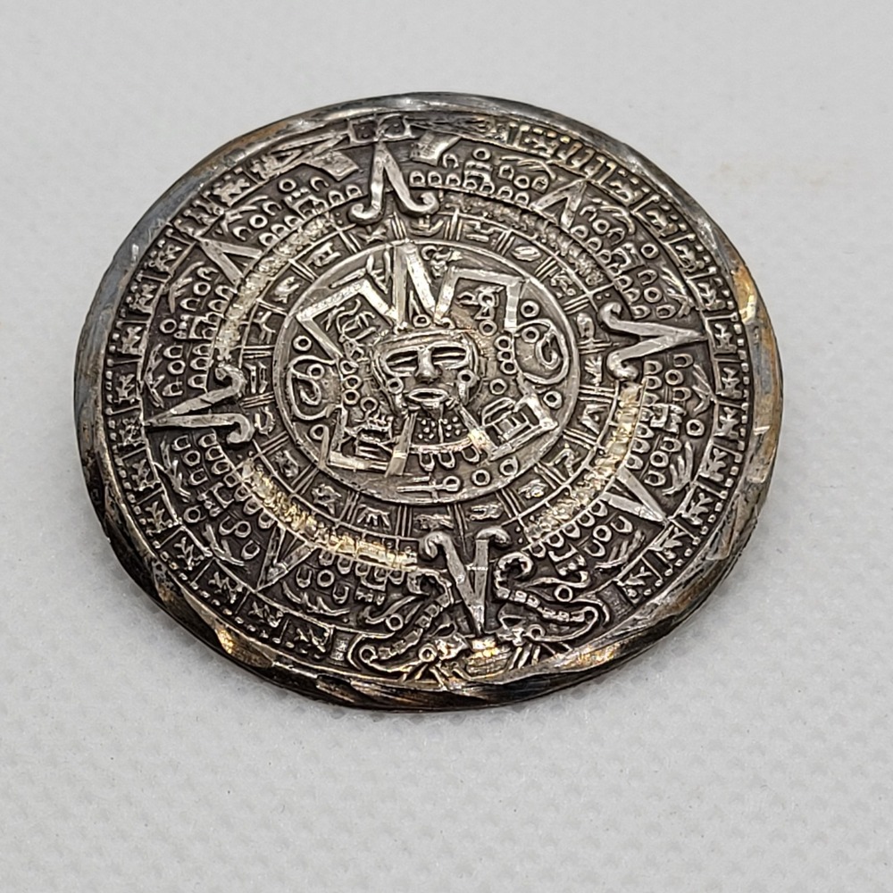 Vintage EME Mexico 925 Sterling Silver Aztec Calendar Brooch Pendant Eagle 83